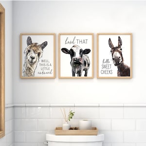 Set of 3 Custom Bathroom Art: Llama, Cow, & Donkey Animal | Bathroom Wall Decor | Farmhouse Bathroom | Vintage Wall Art | Bathroom Sign