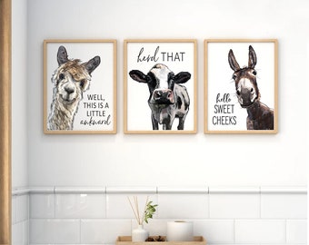 Set of 3 Custom Bathroom Art: Llama, Cow, & Donkey | Bathroom Wall Decor | Farmhouse Bathroom Decor | Vintage Wall Art | Bathroom Signs