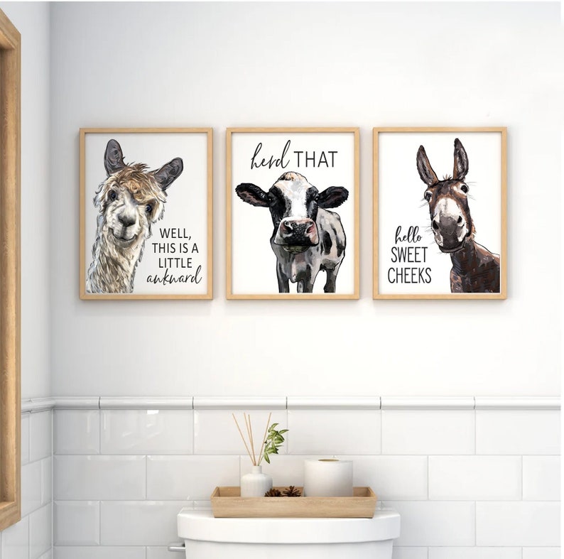 Framed Print examples Set of 3 Custom Bathroom Prints: Llama, Cow, & Donkey | Lettered& Lined