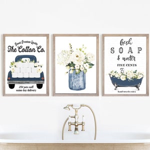 Set of 3 Navy Blue Bathroom Wall Art Cotton Co Bathroom Wall Decor | Blue Farmhouse Bathroom Art | Print, Framed Print or Canvas Sign