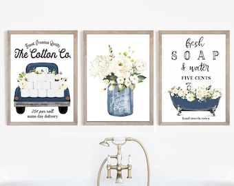 Set of 3 Navy Blue Bathroom Wall Art Cotton Co Bathroom Wall Decor | Blue Farmhouse Bathroom Art | Print, Framed Print or Canvas Sign