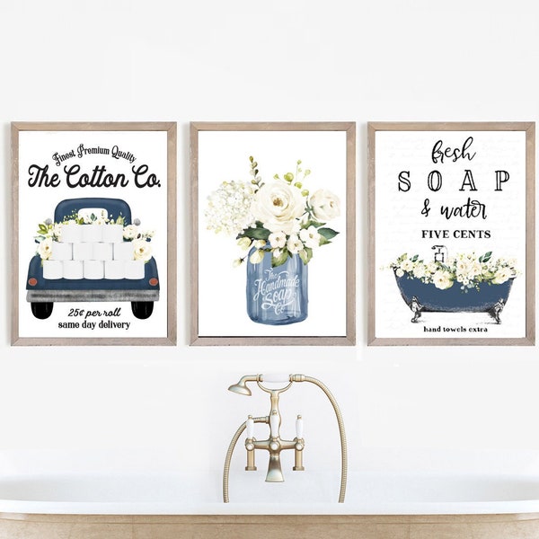 Blue Farmhouse Bathroom Wall Art - Etsy