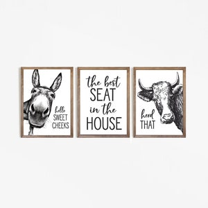 Set of 3 Donkey Best Seat Cow Bathroom Wall Decor | Farmhouse Bathroom Wall Art | Funny Bathroom Humor | Print, Framed Print or Canvas Sign