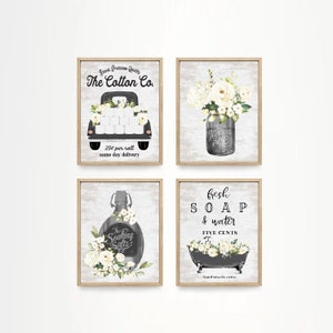 Set of 4 Black Bathroom Wall Art Cotton Co Bathroom Wall Decor | Farmhouse Bathroom Decor | Print, Framed Print or Canvas Sign