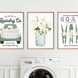 Laundry Wall Decor Art | Light Green Laundry Co Set of 3 | Original Unique Farmhouse Laundry Room | Print, Framed Print or Canvas Sign