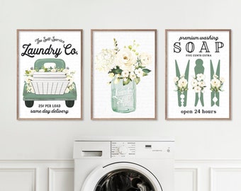 Set of 3 Subtle Green Laundry Co Wall Decor, Laundry Wall Art, Farmhouse Laundry Room Sign | Available as Print, Framed Print or Canvas Sign