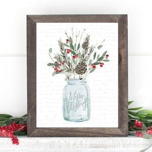 Festlicher Blumenstrauß Blaues Glas Urlaub Wanddekor | Weihnachtskunst | Modernes Bauernhaus | Druck, gerahmter Druck oder eingewickeltes Canvas Sign