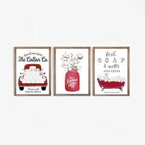 Set of 3 Red Cotton Bathroom Wall Art Cotton Co Bathroom Wall Decor | Vintage Farmhouse Bathroom Decor | Print, Framed Print or Canvas Sign