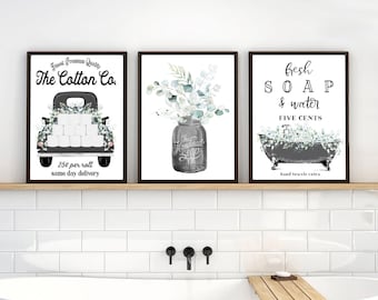 Badrumsväggdekoration i svart eukalyptusbomull | Badrumskonst | Badrumsdekor i vintagestil med lantlig stil | Tryck - Canvas - Inramad