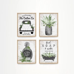 Set of 4 Black Greenery Bathroom Wall Art Cotton Co Bathroom Wall Decor | Green Farmhouse Bathroom Decor | Print, Framed Print, Canvas Sign