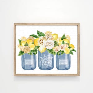 Decoración de pared para baño personalizada, letrero con tres ramos de limones amarillos y frascos azul marino, marco con impresión "Relájate, sumérgete, relájate", original de Lettered & Lined