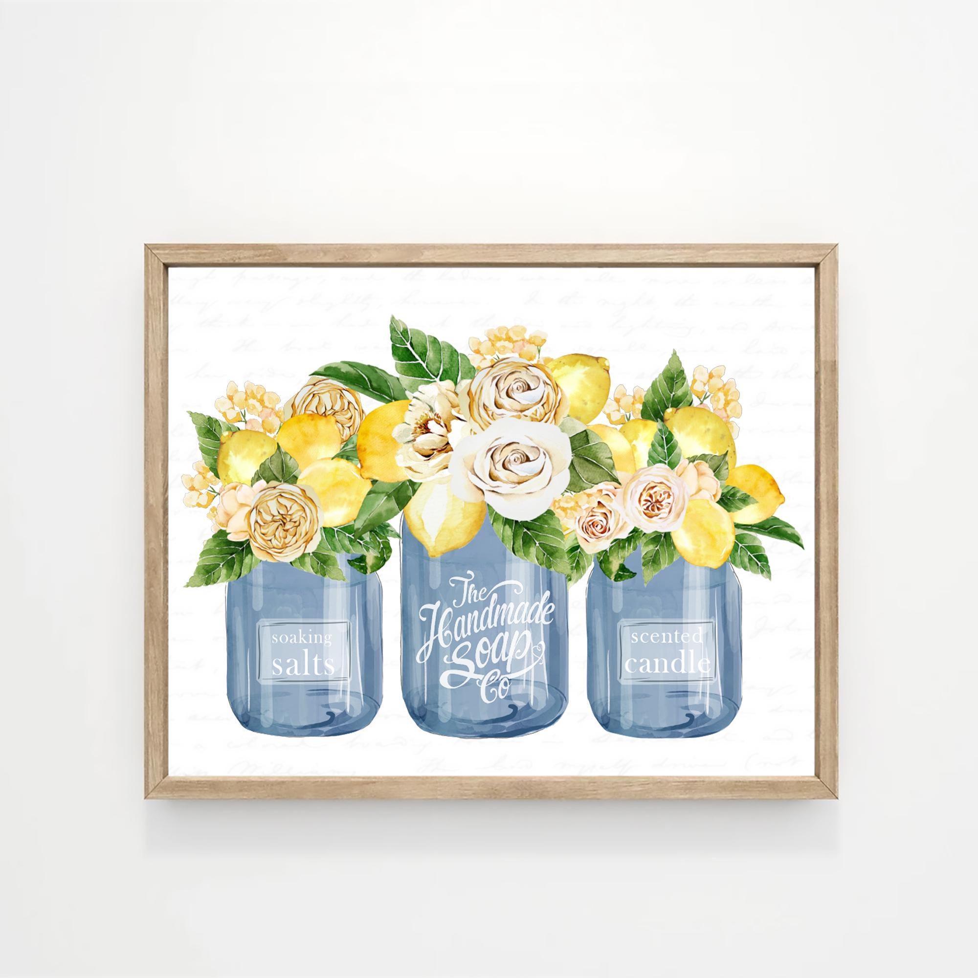 Badkamer muurkunst custom decor, gele citroenen boeket trio bord marineblauwe potten, ontspannen genieten ontspannen printlijst, origineel van geletterd en gevoerd