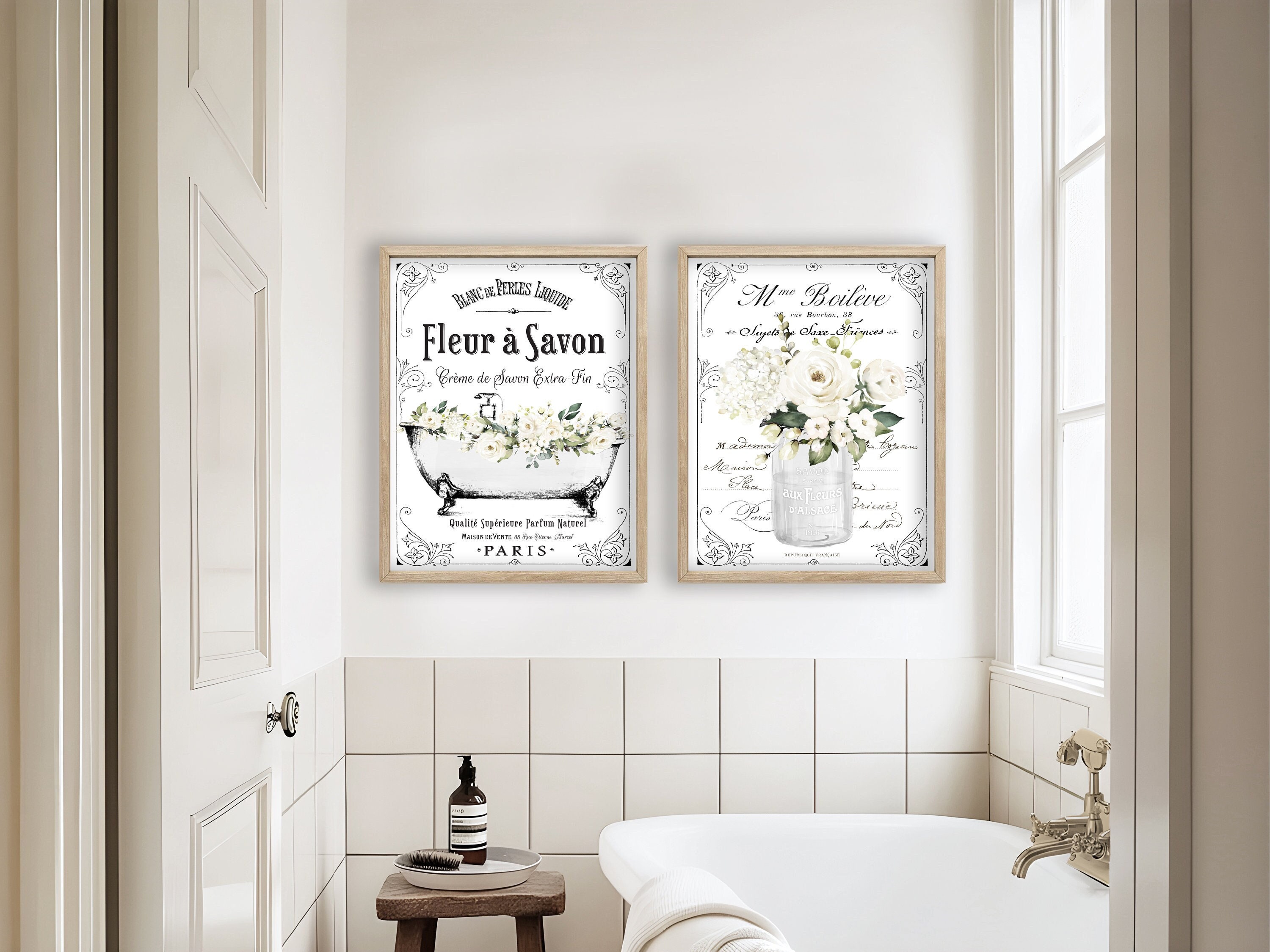 Set of 2 White Floral French Bathroom Wall Art | French Bathroom Wall Decor | Paris Parisian Farmhouse | Print, Framed Print or Canvas Sign