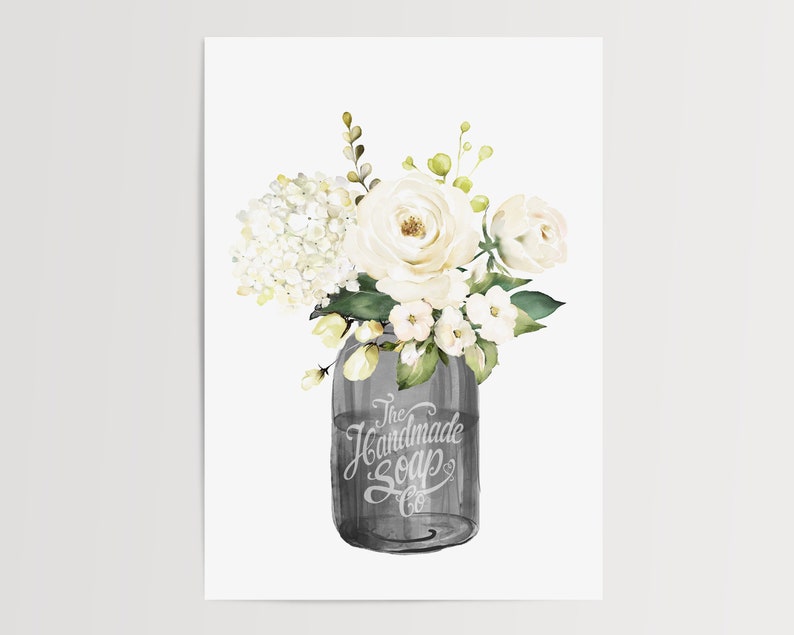 May include: A watercolor painting of a white flower bouquet in a gray mason jar. The jar has the text "The Handmade Soap Co." on it.