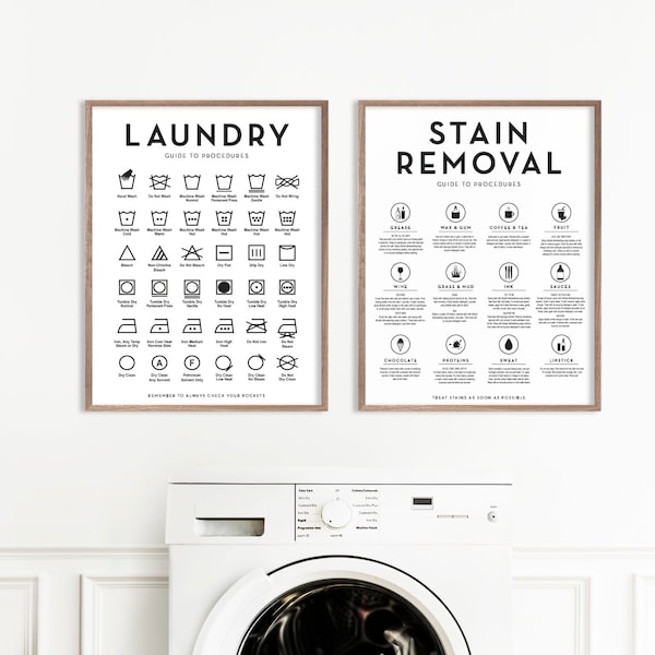 Set of 2 Laundry Symbols Guide Stain Removal Guide Wall Decor, Laundry Wall Art, Modern Farmhouse | Print, Framed Print or Canvas Sign