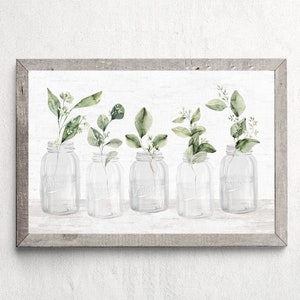 Mason Jar Greenery Stillleben Küche Wand Kunst | Esszimmer-Küchen-Wand-Dekor | Grün Weiße Malerei | Druck, gerahmter Druck oder Canvas Sign