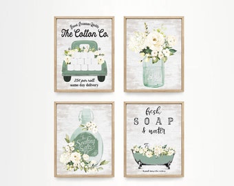 Set of 4 SUBTLE GREEN Bathroom Wall Art: The Cotton Co Truck | Custom Bathroom Wall Decor | Farmhouse Bathroom Decor | Bathroom Signs