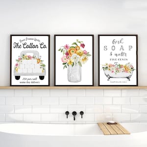 Set of 3 White Blooms Bathroom Wall Art Cotton Co Bathroom Wall Decor | Farmhouse Bathroom Decor | Print, Framed Print or Canvas Sign