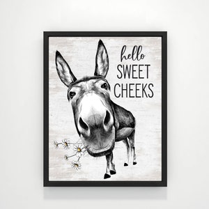Funny Donkey Bathroom Art | Hello Sweet Cheeks Print, Framed or Canvas