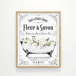 French Bathroom Art Fleur á Savon White Tub French Bathroom Wall Decor | Paris Parisian Bathtub Wall Art | Print, Framed Print, Canvas Sign