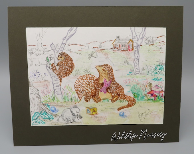 Pangolin Illustration~Pangolin Watercolor Art~Whimsical Pangolins at Play~Wildlife Watercolor Nursery Art~Pangolin Original Art Drawing