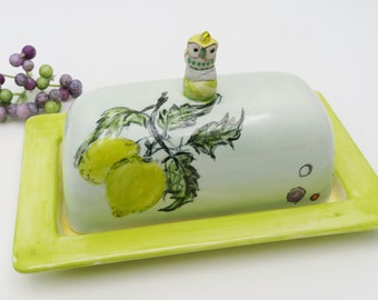 Hand Painted Butter Dish,Whimsical Butter Dish,Lemons Butter Dish,Yellow Lemons Butter keeper,OOAK Butter Dish,Modern Kitchen Butter Dish,
