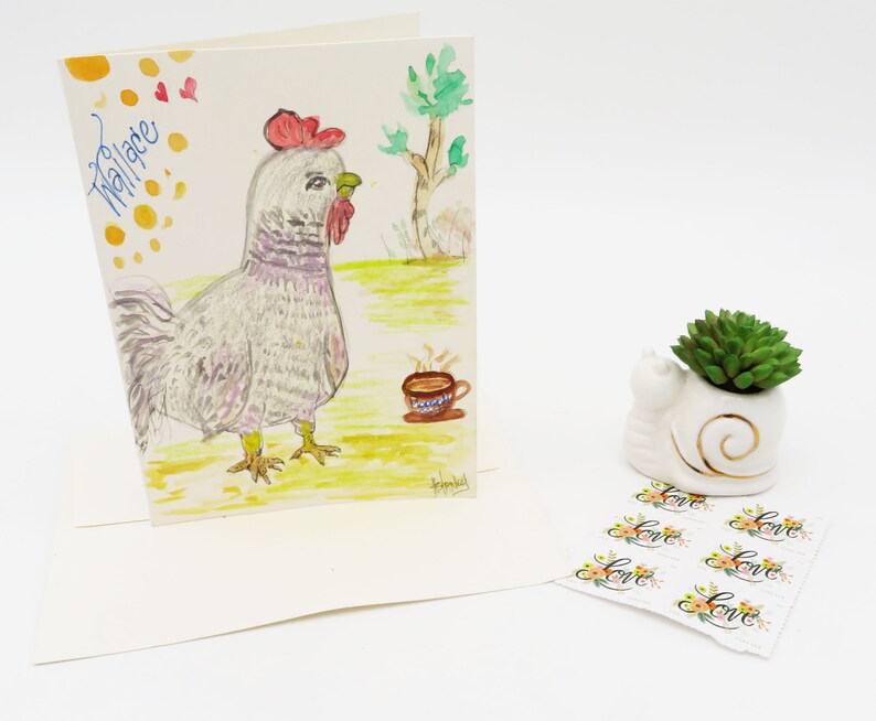 Chicken Original Watercolor Illustrationfunny Rooster Cardchicken Cardearly Rooster Cardmorning Cup Funny Cardfat Chicken Whimsy Card