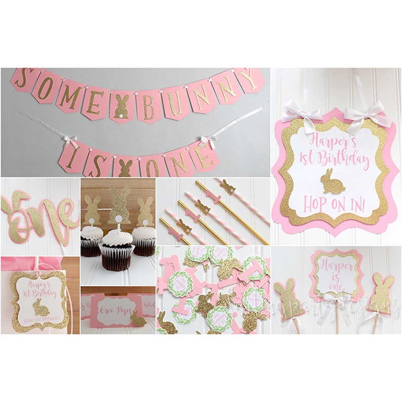 Pink and Gold Some Bunny Is One Birthday Party Bunny Welcome Sign Door Sign