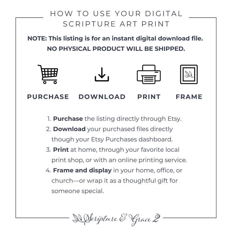 May include: White background with text: "HOW TO USE YOUR DIGITAL SCRIPTURE ART PRINT." Instructions include purchase, download, print, and frame. The text also states that it is a digital download and no physical product will be shipped. The logo for "Scripture & Grace 2" is at the bottom.