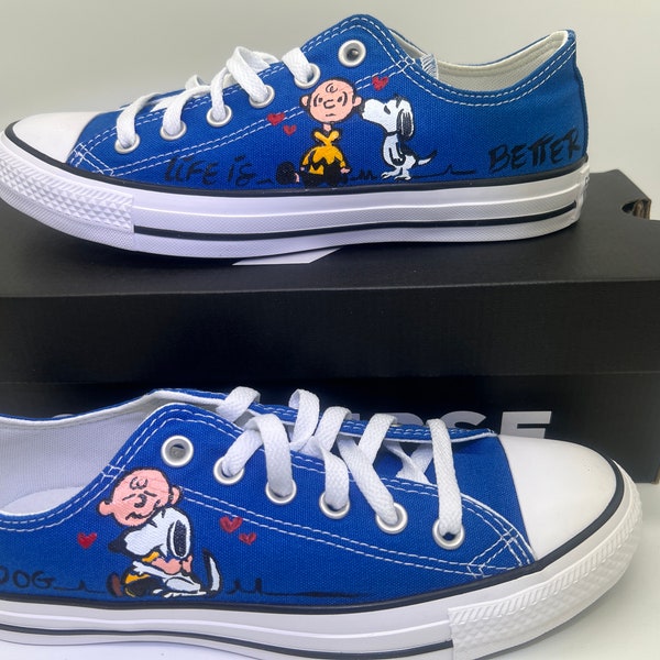 Snoopy Shoes Hand Painted snoopy Life is better with a dog Shoes Charlie Brown Shoes converse Vans Hey Dude Toms Women Kids Toddler Shoes