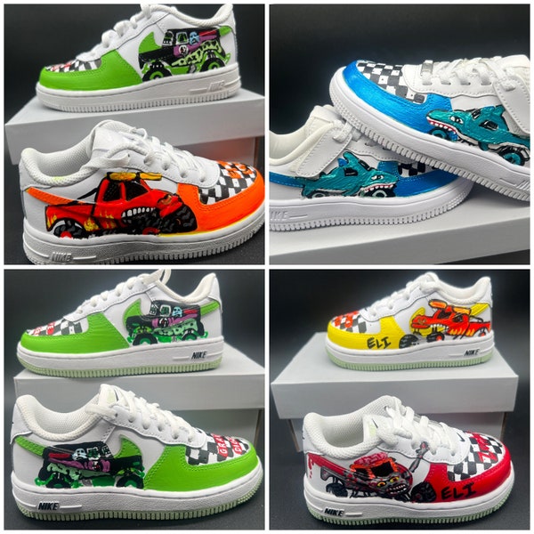 Monster Truck Nike Hand Painted Air Force 1 Monster Truck Shoes Grave Digger Toro Loco Zombie Megalodon add Kid name Monster Jam Any Trucks