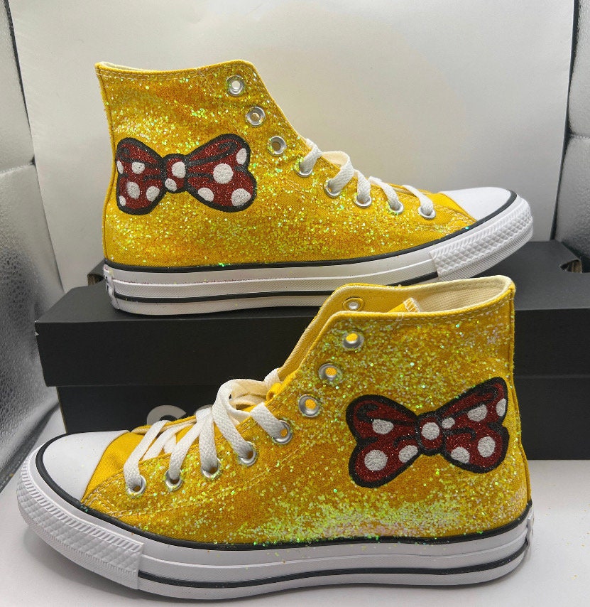 Disney Minnie Mouse Hand Painted Minnie Mouse Black Glitter Sparkle Hightops Minnie Bows Madison Converse Mid Sneaker Etsy