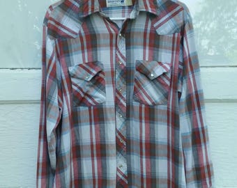 1970s men's shirt vintage seventies plaid flannel button snap cowboy shirt