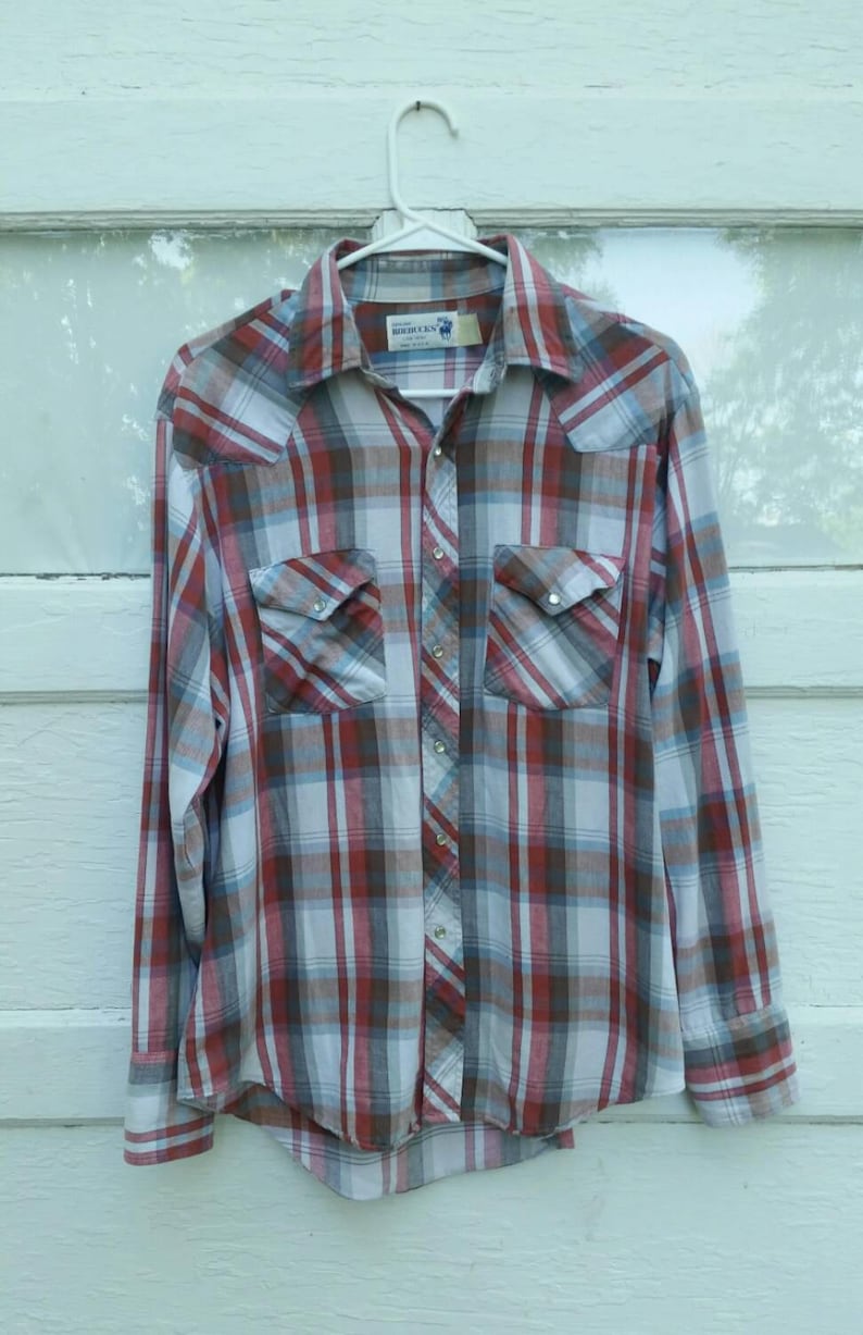 1970s men's shirt vintage seventies plaid flannel button snap cowboy shirt image 1