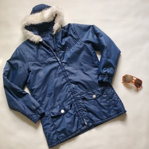 vintage winter jacket seventies fur trim hooded coat