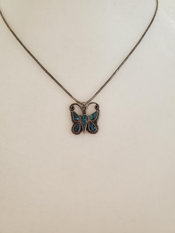 Vintage Turquoise Butterfly Necklace Sixties Silver Pendant