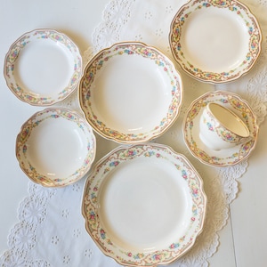 ONE Place Setting - 7 Pieces of Mildred by Mount Clemens Pottery - Vintage Farmhouse Shabby China 1930s 1940s Cottage