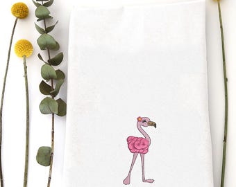 Spring Fluffy Flamingo Embroidered - Tea Towel