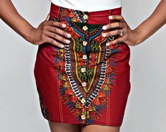 Dashiki Button Skirt (Wine)