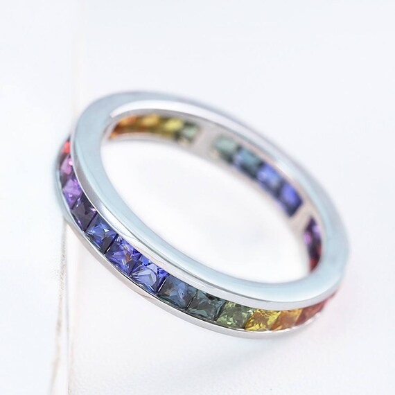 Dreamy Black Main Gem Rainbow Ring Great as Gay Gift or Wedding Marriage or Engagement Band Gay /& Lesbian Pride Ring