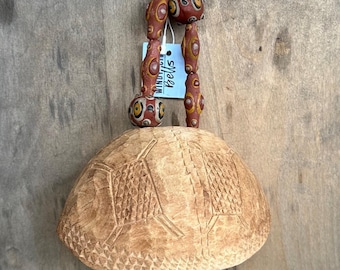 Handcarved Wooden Bell, Afghan Clay Beads, Tribal Ethnic Decor
