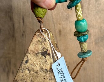 Artisan Gold Bell Chimes, Olive Teal Clay Bone Beads, Boho Garden Decor