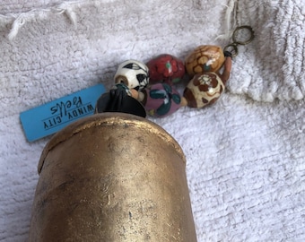 Rustic Gold Metal Bell, Hanging Garden Bell, Folk Art Bell, Ceramic Glazed Beads From Nepal, Boho Decor, Lovely Sound, Flower Multicolor