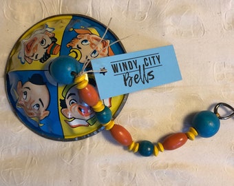 Repurposed Vintage Tin Toy Noise Maker, Vintage Litho Tin Clowns, Retro Chic Wind Chimes, Blue yellow Orange, Nursery Decor, Lit Clown Bell