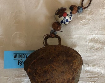 Rusty Vintage Bell, Rusty Bell, Vintage Cow Bell, Beaded String Bell, Hanging Bell, Old Bell, Altar Bell ,Feng Shui Ceramic Beads Nepal