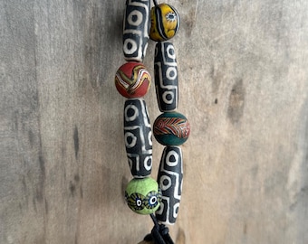 Dzi Agate Bead Bell, Vintage Thailand Glass Beads, Rustic Gold Altar Chime