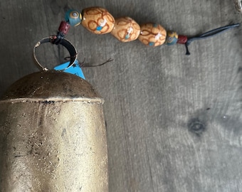 Rustic Gold Finish Bell, Nepal Ceramic & Glass Beads, Porch Chimes