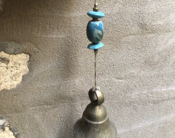 Vintage Brass Bell, India Brass Bell, Vintage Nepal Blue Ceramic Bead, Altar Bell, Vintage Brass Bell, Blue Green Beads, Shabby Chic, Boho