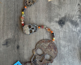 Rusty Iron Skull Wall Hanging with Glass Beads, Gothic Halloween Decor