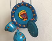 Wind Chimes Tin Windchimes, Blue Bird Vintage Toy Tea Set Tea Party Wind Chimes, Blue Yellow Red Shabby Chic Wind Chimes, Tin Litho Tea Cups